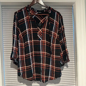 Torrid black and orange plaid blouse 3/4 sleeve B-11